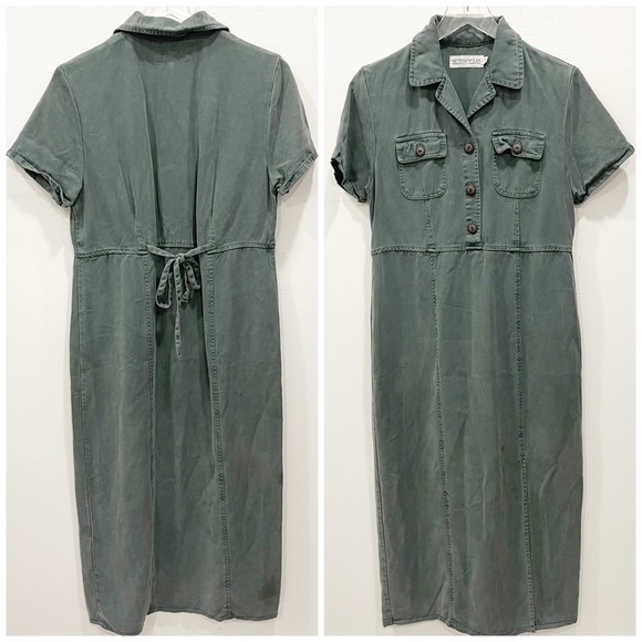 Action Wear USA Military Green Midi Dress Side Slit Small Button Front - Picture 1 of 9